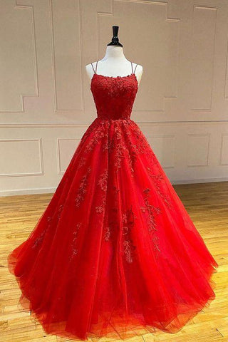 Spaghetti-Strapss Floral Lace Aline Evening Gown Sleeveless Formal Dresses