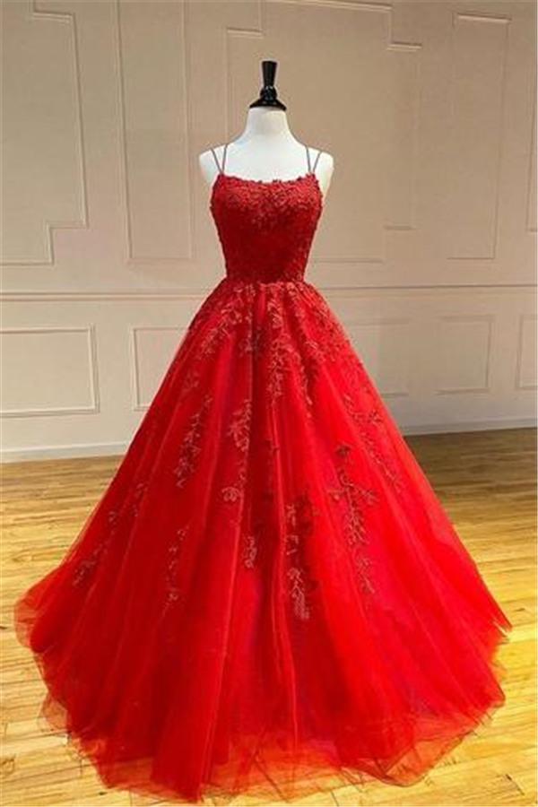 Spaghetti-Strapss Floral Lace Aline Evening Gown Sleeveless Formal Dresses