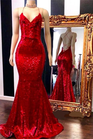 Spaghetti-Strapss Lace-up Red Sequins V-Neck Mermaid Prom Dresses