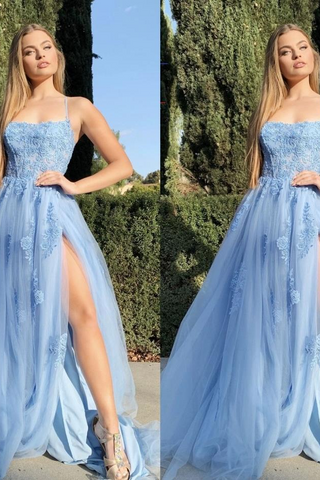 Spaghetti-Strapss Sexy Blue Prom Dress Applique Long With Split