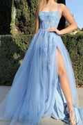 Spaghetti-Strapss Sexy Blue Prom Dress Applique Long With Split