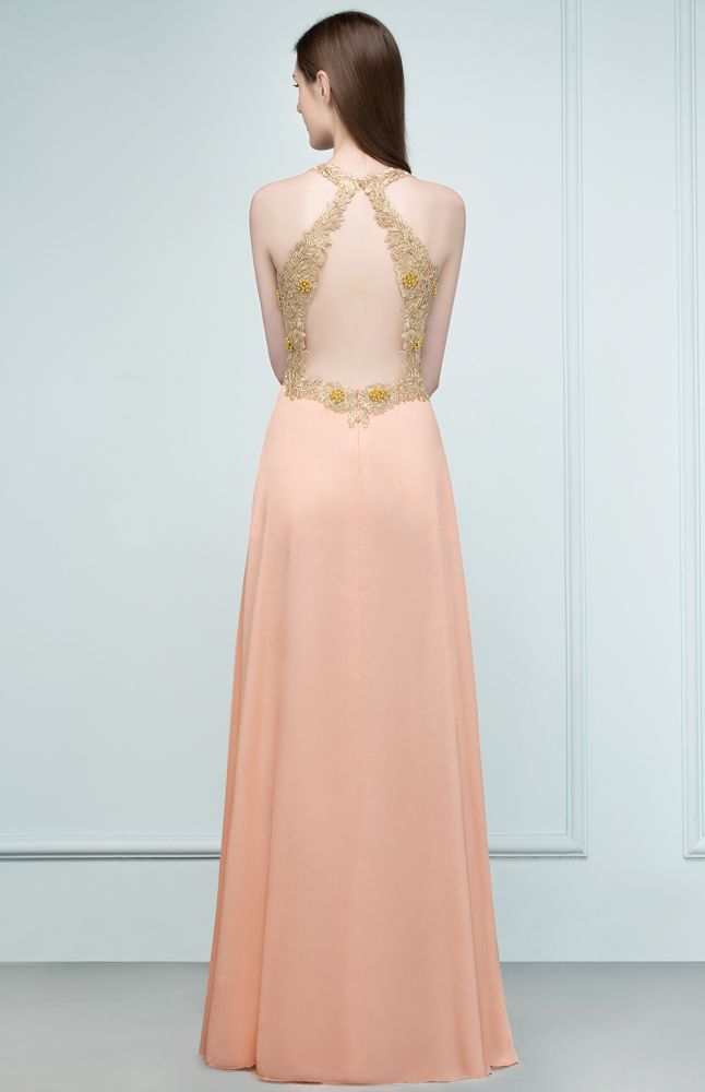 Vestidos de dama de honor de gasa con apliques, corte en A, escote en V y largo hasta el suelo