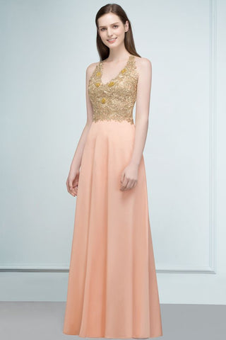Spaghetti V-neck A-line Floor Length Appliqued Chiffon Bridesmaid Dresses
