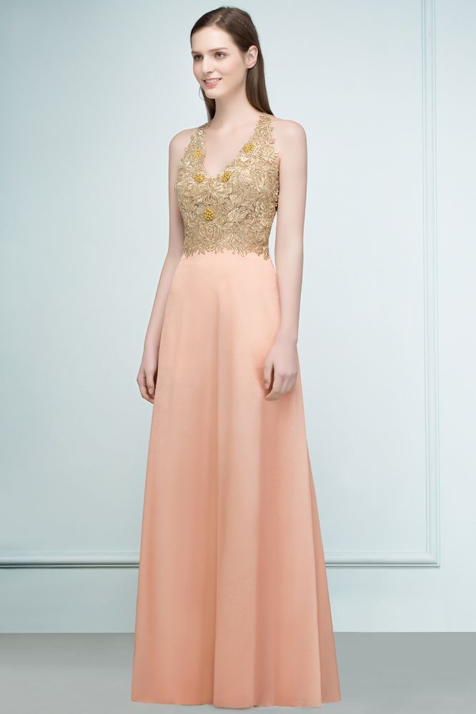 Vestidos de dama de honor de gasa con apliques, corte en A, escote en V y largo hasta el suelo
