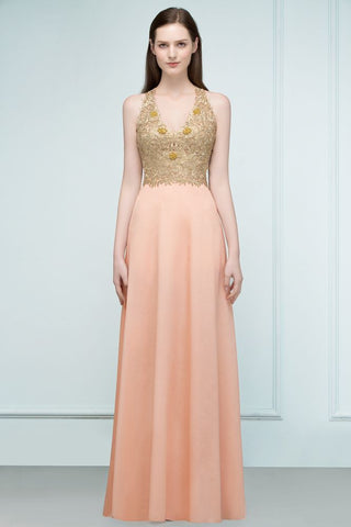 Spaghetti V-neck A-line Floor Length Appliqued Chiffon Bridesmaid Dresses