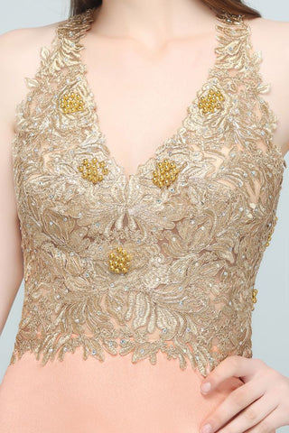 Spaghetti V-neck A-line Floor Length Appliqued Chiffon Bridesmaid Dresses