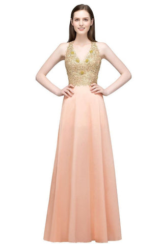 Spaghetti V-neck A-line Floor Length Appliqued Chiffon Bridesmaid Dresses
