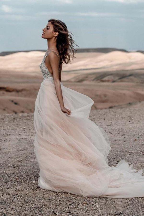 Robe de mariée dos nu, coupe trapèze, col en V et perles scintillantes WD315