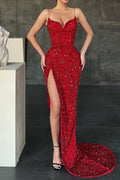 Robe de bal sirène rouge scintillante, sexy et sans manches, ornée de cristaux.