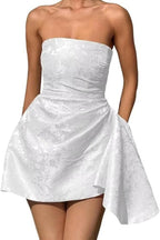 Beautiful Ruched Satin Mini Party Dress Strapless Floral Jacquard Homecoming Dress with Pocket