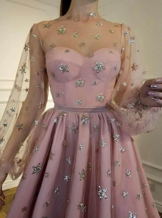 Robe de bal scintillante à col rond et manches longues, coupe trapèze, ornée de sequins PD257