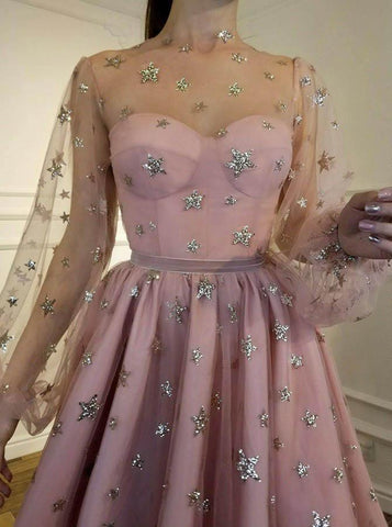 Robe de bal scintillante à col rond et manches longues, coupe trapèze, ornée de sequins PD257