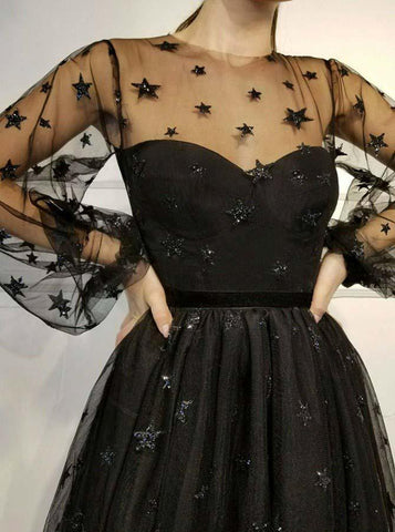 Robe de bal scintillante à col rond et manches longues, coupe trapèze, ornée de sequins PD257