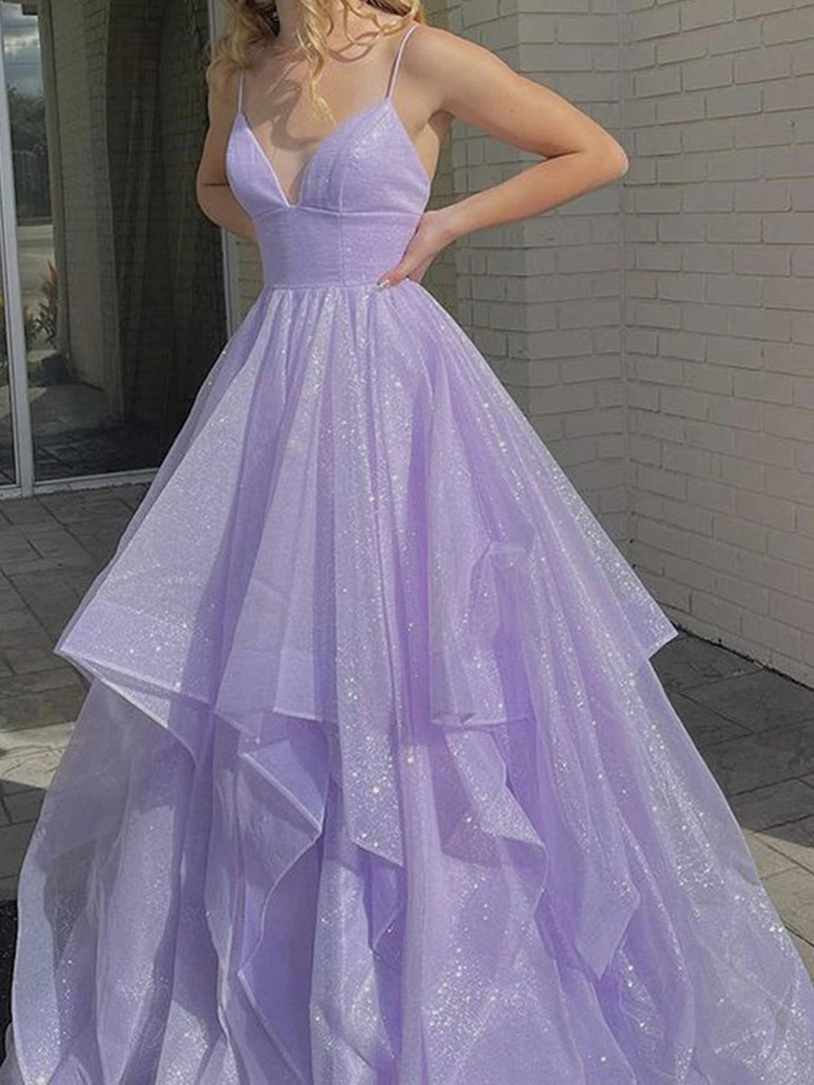 Vestidos largos de fiesta con escote en V y corte en A, brillantes y vaporosos. Vestidos de noche formales morados.