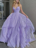Vestidos largos de fiesta con escote en V y corte en A, brillantes y vaporosos. Vestidos de noche formales morados.
