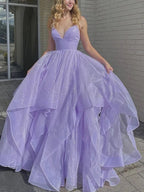 Vestidos largos de fiesta con escote en V y corte en A, brillantes y vaporosos. Vestidos de noche formales morados.