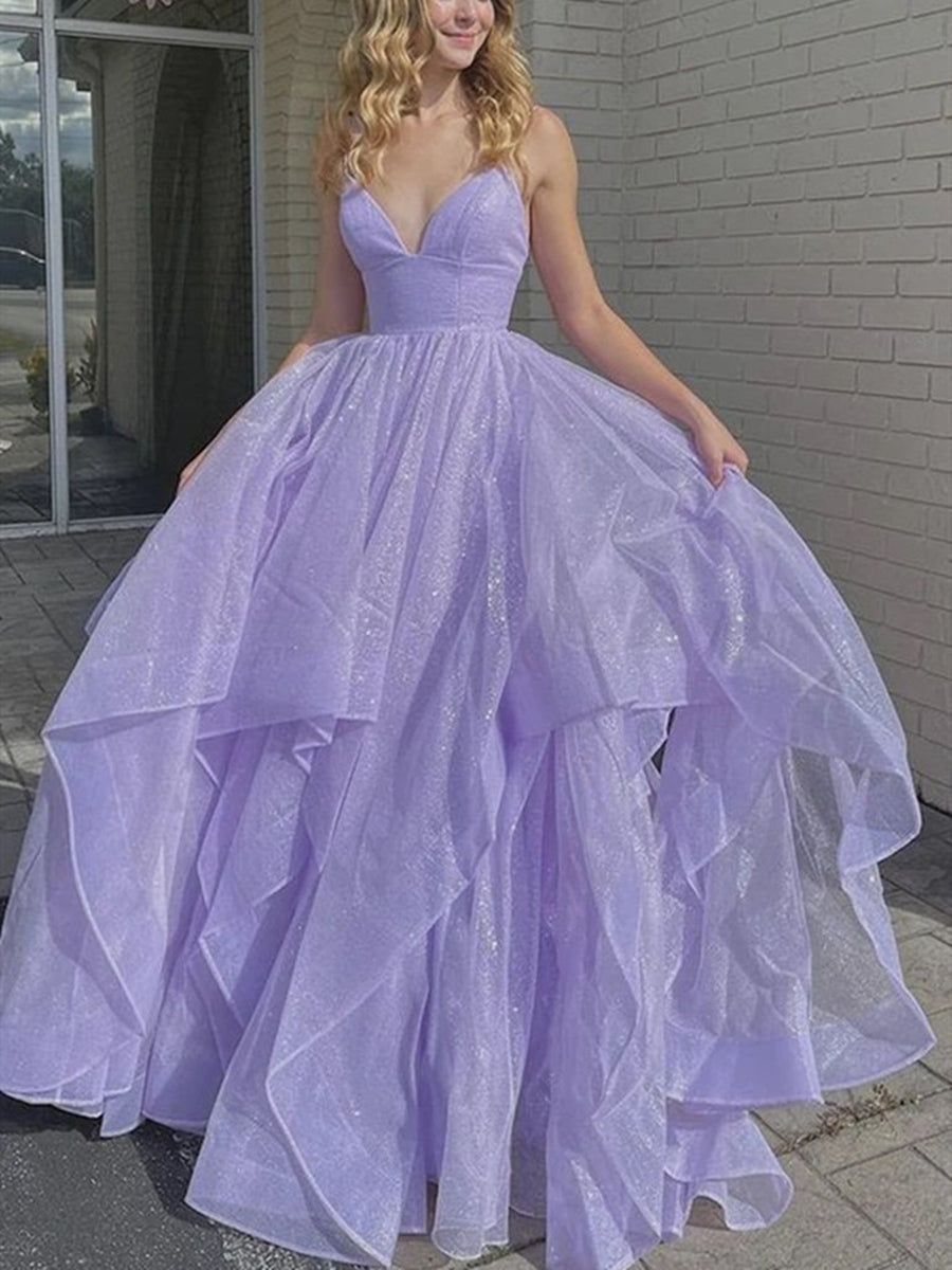 Vestidos largos de fiesta con escote en V y corte en A, brillantes y vaporosos. Vestidos de noche formales morados.
