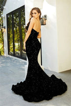 Vestidos de fiesta largos de sirena con escote corazón, negros brillantes, con lentejuelas.