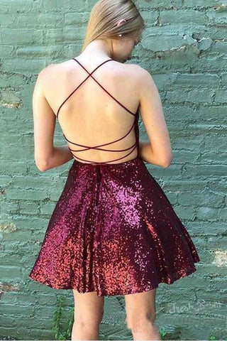 Sparkly Burgundy Homecoming Dresses Backless A-line Mini Party Dress PD383