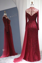 Vestidos de fiesta sirena de manga larga color burdeos brillante, lujosos vestidos de noche