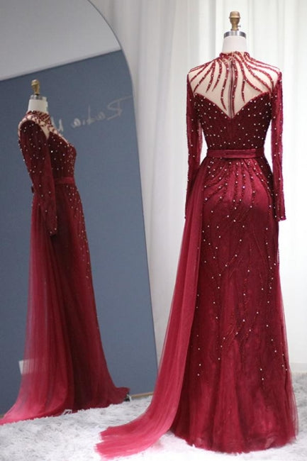 Vestidos de fiesta sirena de manga larga color burdeos brillante, lujosos vestidos de noche