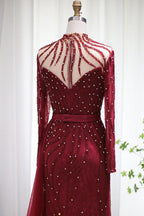 Vestidos de fiesta sirena de manga larga color burdeos brillante, lujosos vestidos de noche