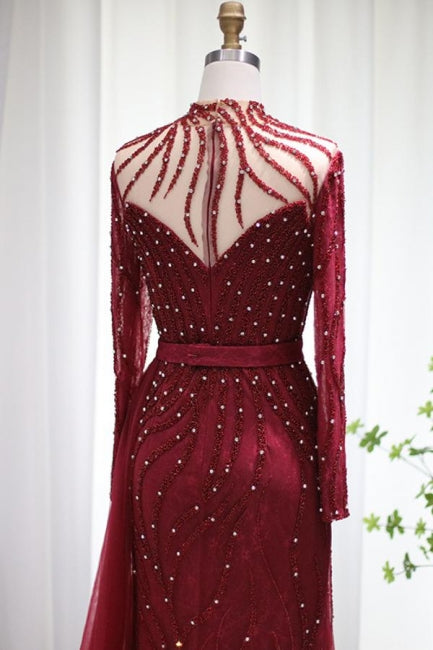 Vestidos de fiesta sirena de manga larga color burdeos brillante, lujosos vestidos de noche