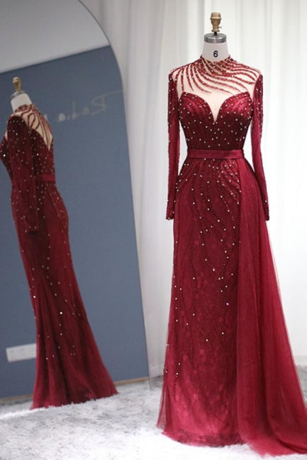 Vestidos de fiesta sirena de manga larga color burdeos brillante, lujosos vestidos de noche