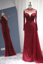 Vestidos de fiesta sirena de manga larga color burdeos brillante, lujosos vestidos de noche