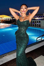 Vestidos de noche largos de sirena con tirantes finos, color verde oscuro brillante, con abertura.