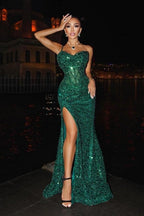 Vestidos de noche largos de sirena con tirantes finos, color verde oscuro brillante, con abertura.