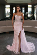 Robe de bal sirène longue sans bretelles en tulle à sequins et fente scintillante