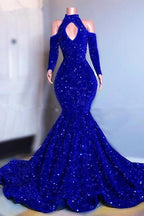 Vestido de fiesta largo de sirena con mangas largas y brillos
