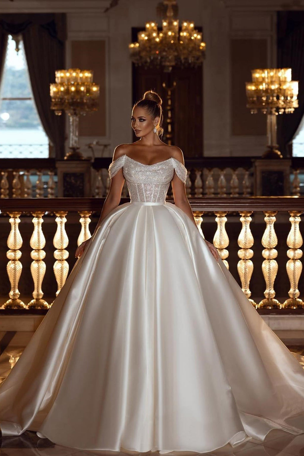 Robe de mariée trapèze à sequins scintillants, épaules dénudées, avec traîne amovible