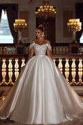 Robe de mariée trapèze à sequins scintillants, épaules dénudées, avec traîne amovible