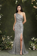 Robe de demoiselle d'honneur/de bal de promo sirène à sequins, asymétrique et longue, avec fente latérale.