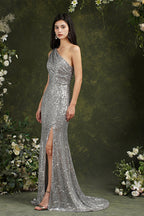 Robe de demoiselle d'honneur/de bal de promo sirène à sequins, asymétrique et longue, avec fente latérale.