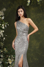 Robe de demoiselle d'honneur/de bal de promo sirène à sequins, asymétrique et longue, avec fente latérale.