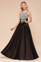 Vestido de dama de honor con lentejuelas brillantes, vestido largo de noche con un solo hombro, vestido para fiesta de bodas