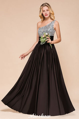 Vestido de dama de honor con lentejuelas brillantes, vestido largo de noche con un solo hombro, vestido para fiesta de bodas