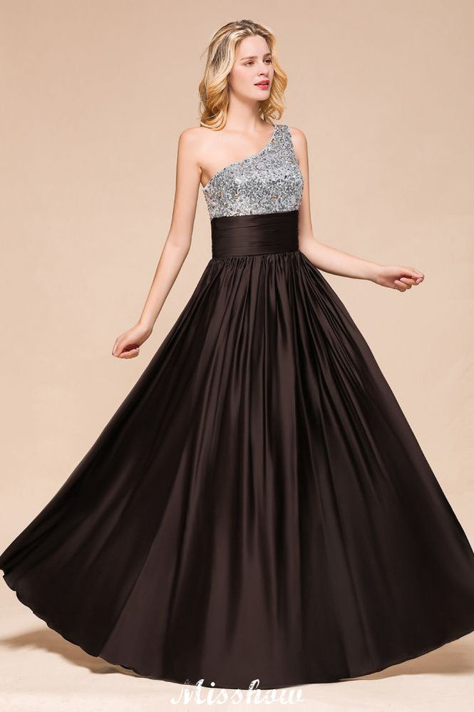 Vestido de dama de honor con lentejuelas brillantes, vestido largo de noche con un solo hombro, vestido para fiesta de bodas
