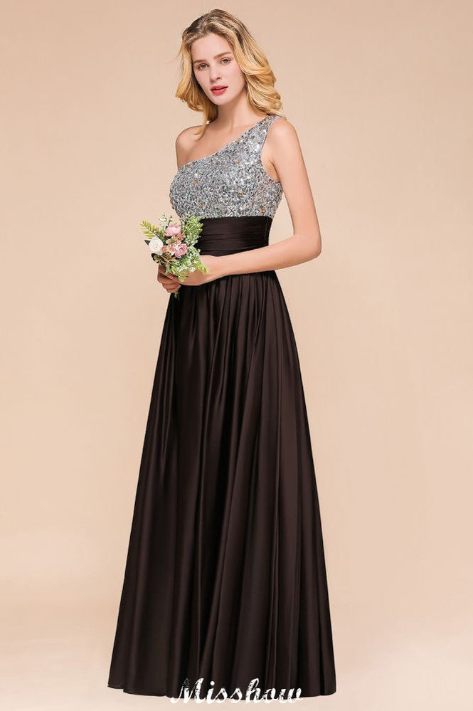 Vestido de dama de honor con lentejuelas brillantes, vestido largo de noche con un solo hombro, vestido para fiesta de bodas