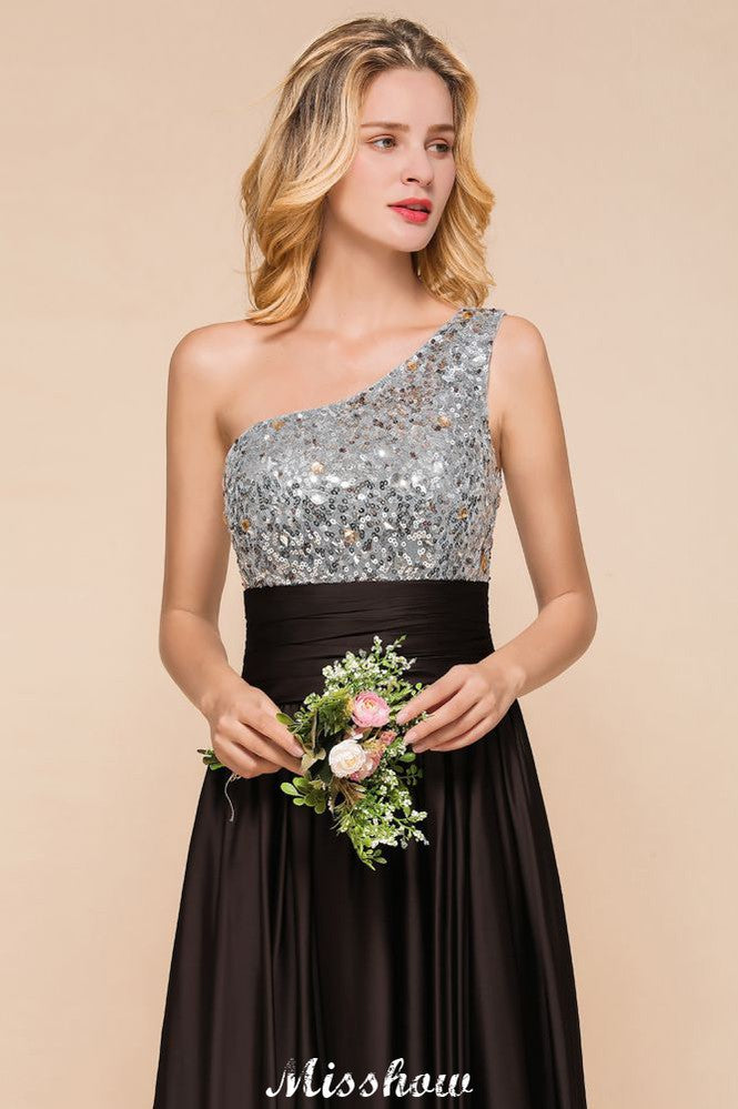 Vestido de dama de honor con lentejuelas brillantes, vestido largo de noche con un solo hombro, vestido para fiesta de bodas