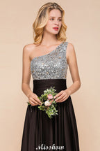 Vestido de dama de honor con lentejuelas brillantes, vestido largo de noche con un solo hombro, vestido para fiesta de bodas