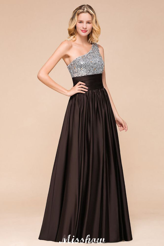 Vestido de dama de honor con lentejuelas brillantes, vestido largo de noche con un solo hombro, vestido para fiesta de bodas