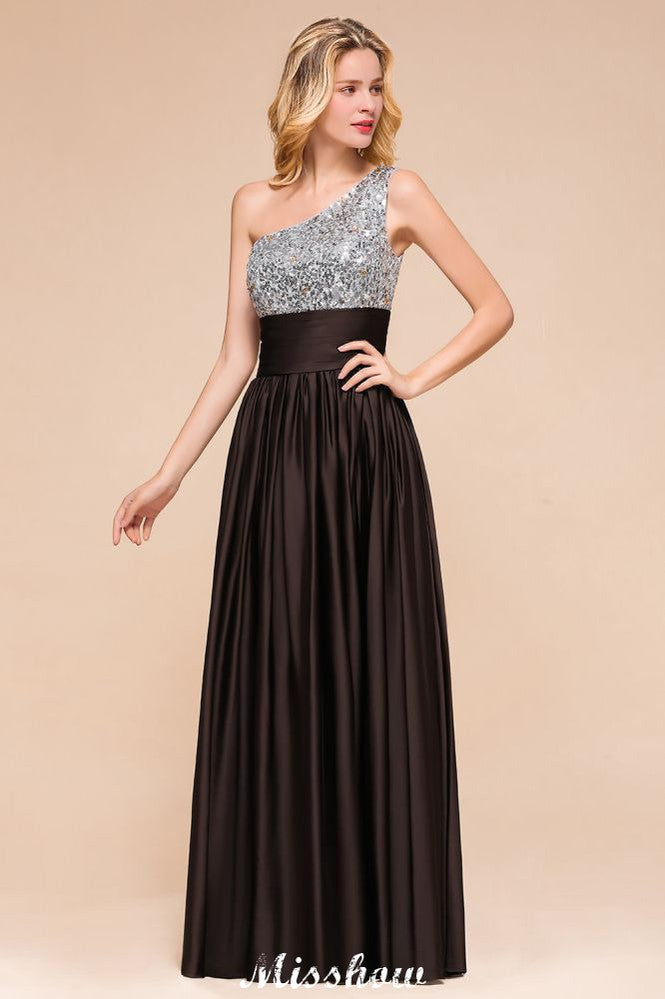 Vestido de dama de honor con lentejuelas brillantes, vestido largo de noche con un solo hombro, vestido para fiesta de bodas
