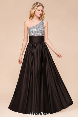 Vestido de dama de honor con lentejuelas brillantes, vestido largo de noche con un solo hombro, vestido para fiesta de bodas