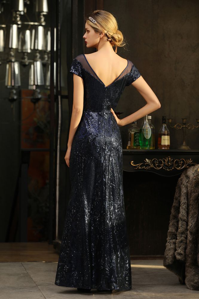 Vestido de fiesta sirena con lentejuelas brillantes, estilo vintage años 20, largo hasta el suelo.