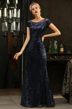 Vestido de fiesta sirena con lentejuelas brillantes, estilo vintage años 20, largo hasta el suelo.