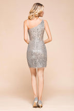 Robe de cocktail courte et moulante à paillettes, robe de bal sexy asymétrique.